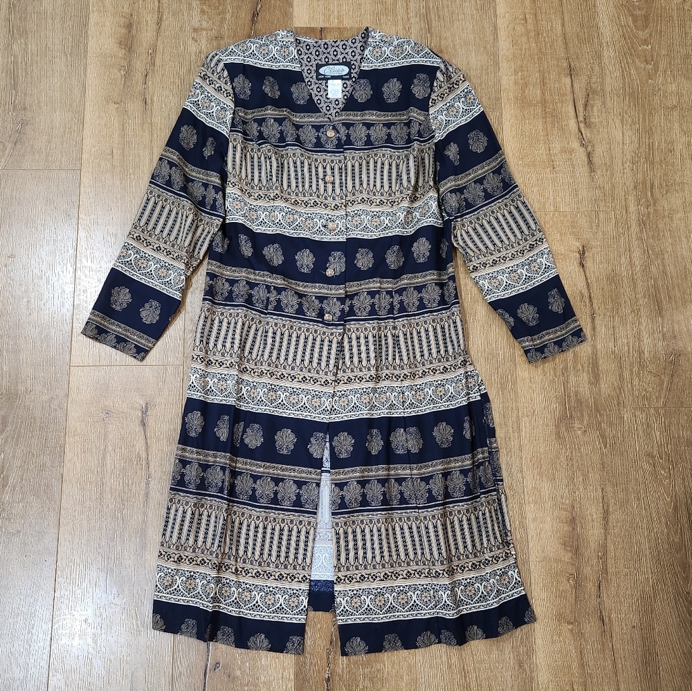 Vtg women's 80s duster geometric button-up shirt cardigan retrocore lagenlook